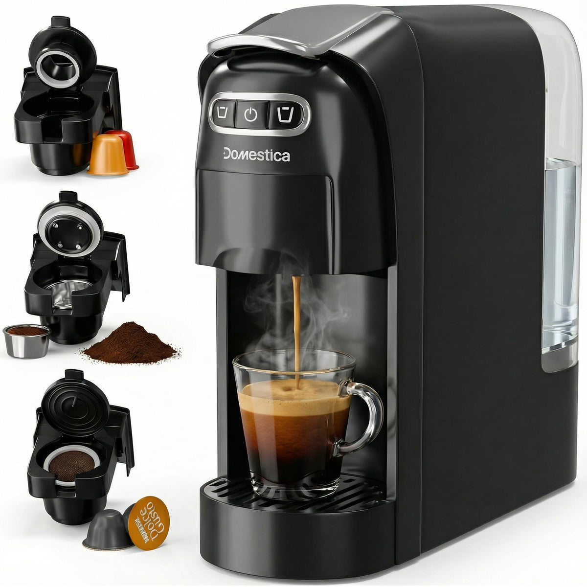 Domestica Pod 3-in-1 espresso coffee machine with 20-bar pressure for pods and ground coffee