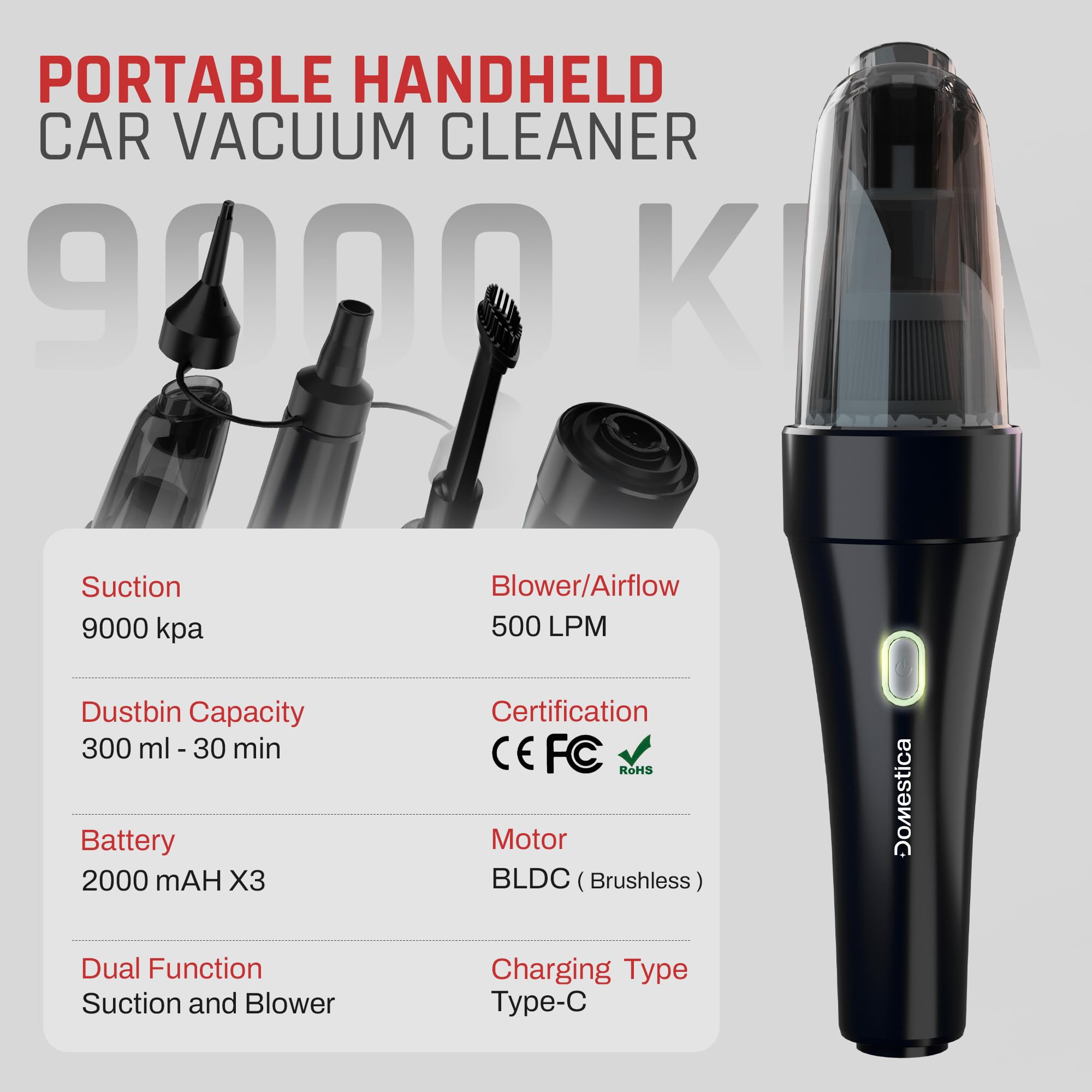 Domestica 4-in-1 Cordless Car Vacuum Cleaner Portable Handheld Vacuum Cleaner Car