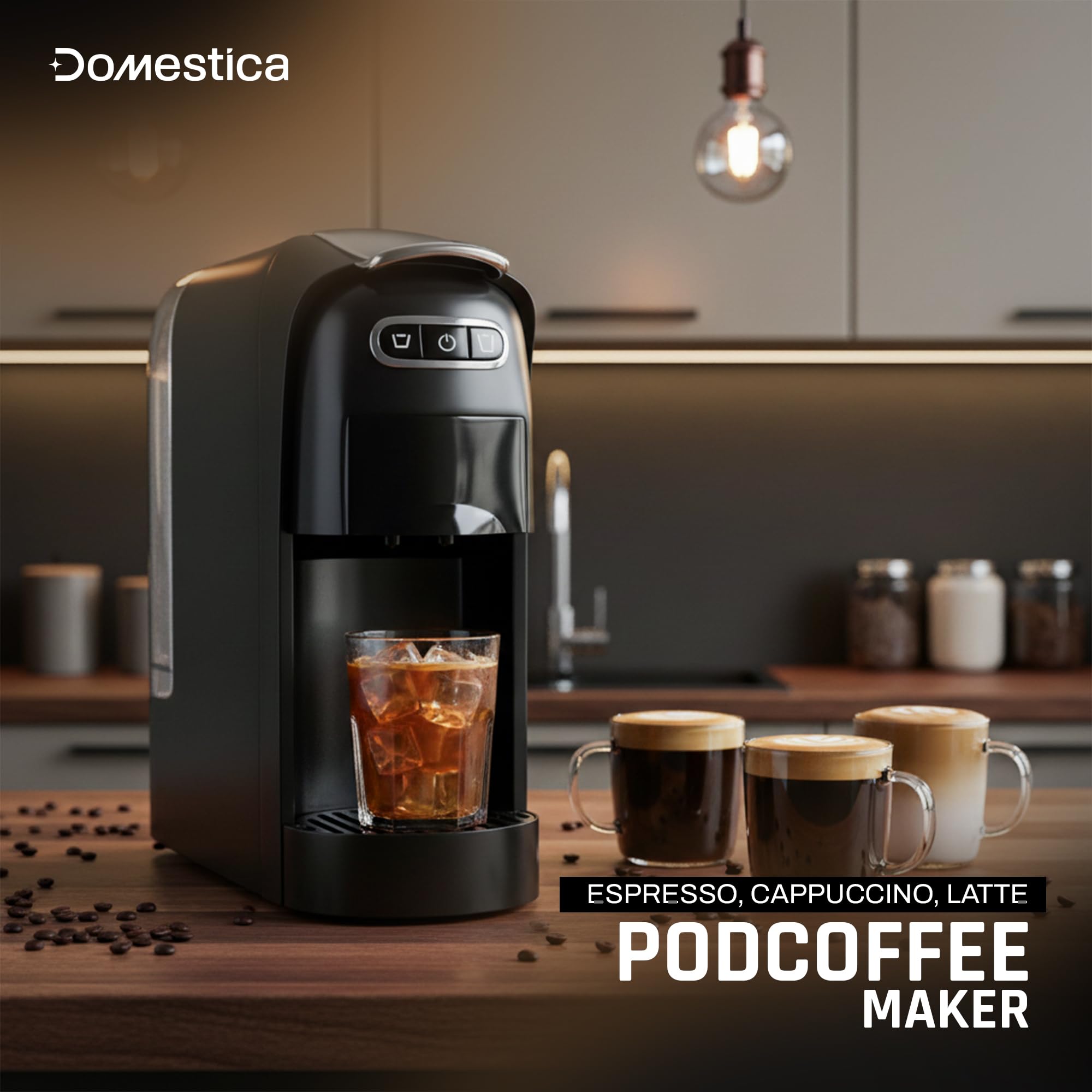 Domestica Brewcraft 3-in-1 Pod Espresso Coffee Maker works with Ground Coffee 20 Bar