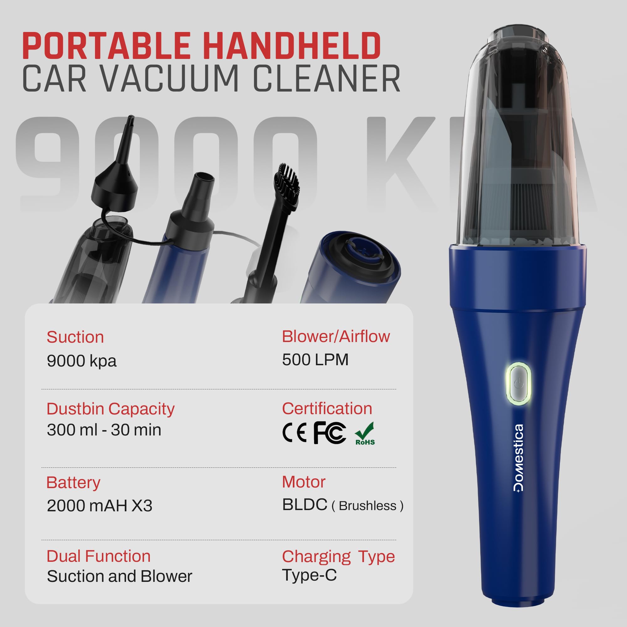 Domestica 4-in-1 Cordless Car Vacuum Cleaner Portable Handheld Vacuum Cleaner Car