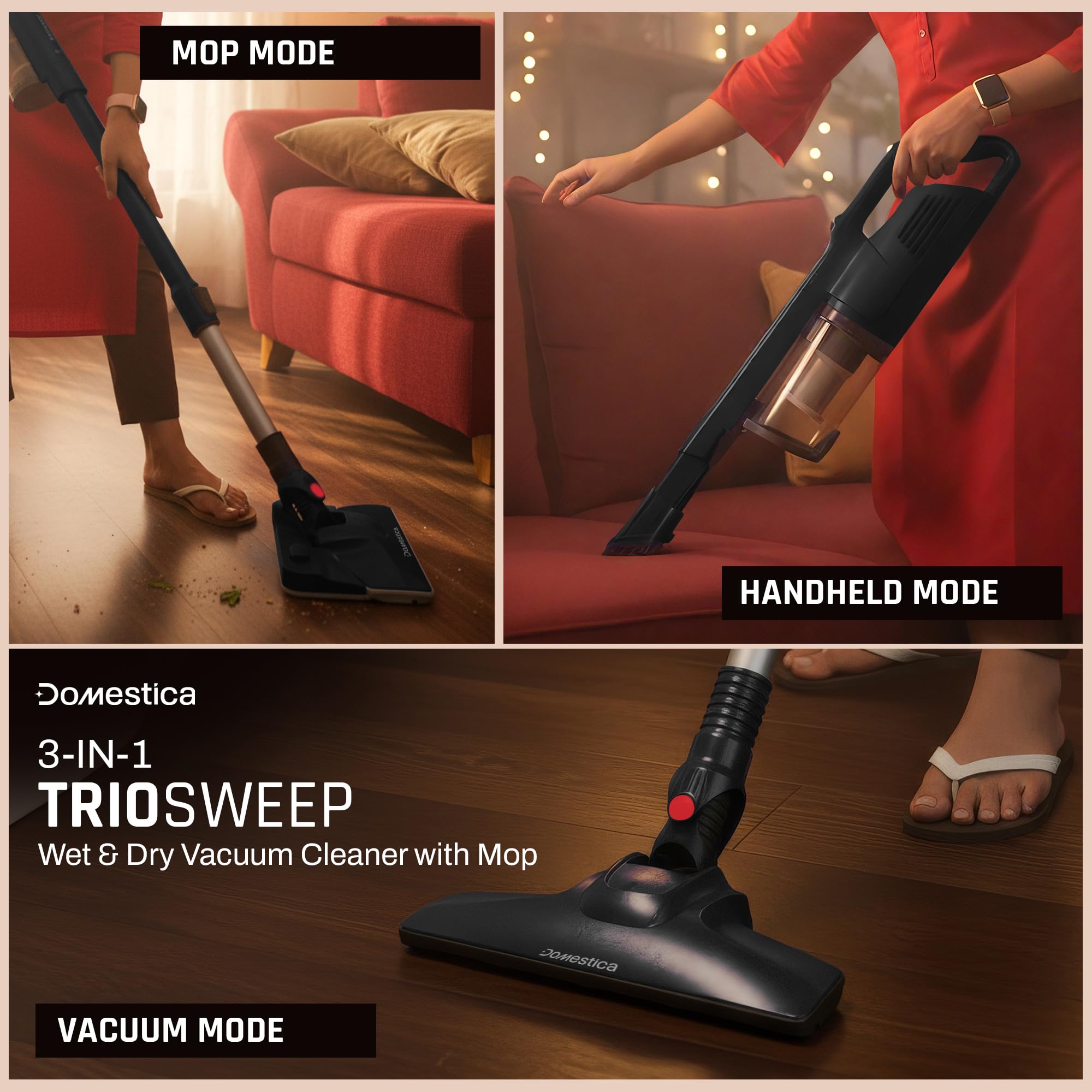 DOMESTICA Trio Sweep 3-in-1 Vacuum Cleaner for Home Use Wet and Dry