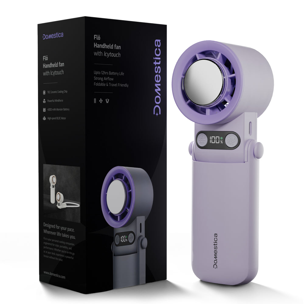 Domestica Flo handheld portable fan with IcyTouch cooling for personal use