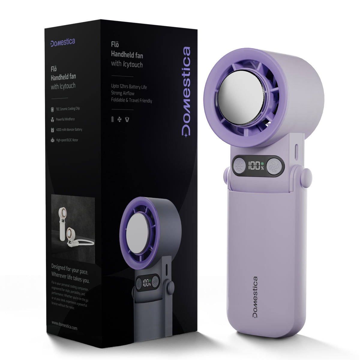 Domestica Flo handheld portable fan with IcyTouch cooling for personal use