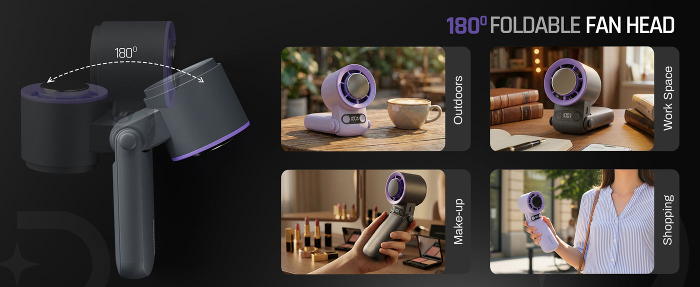Domestica Flo handheld portable fan with IcyTouch cooling for personal use
