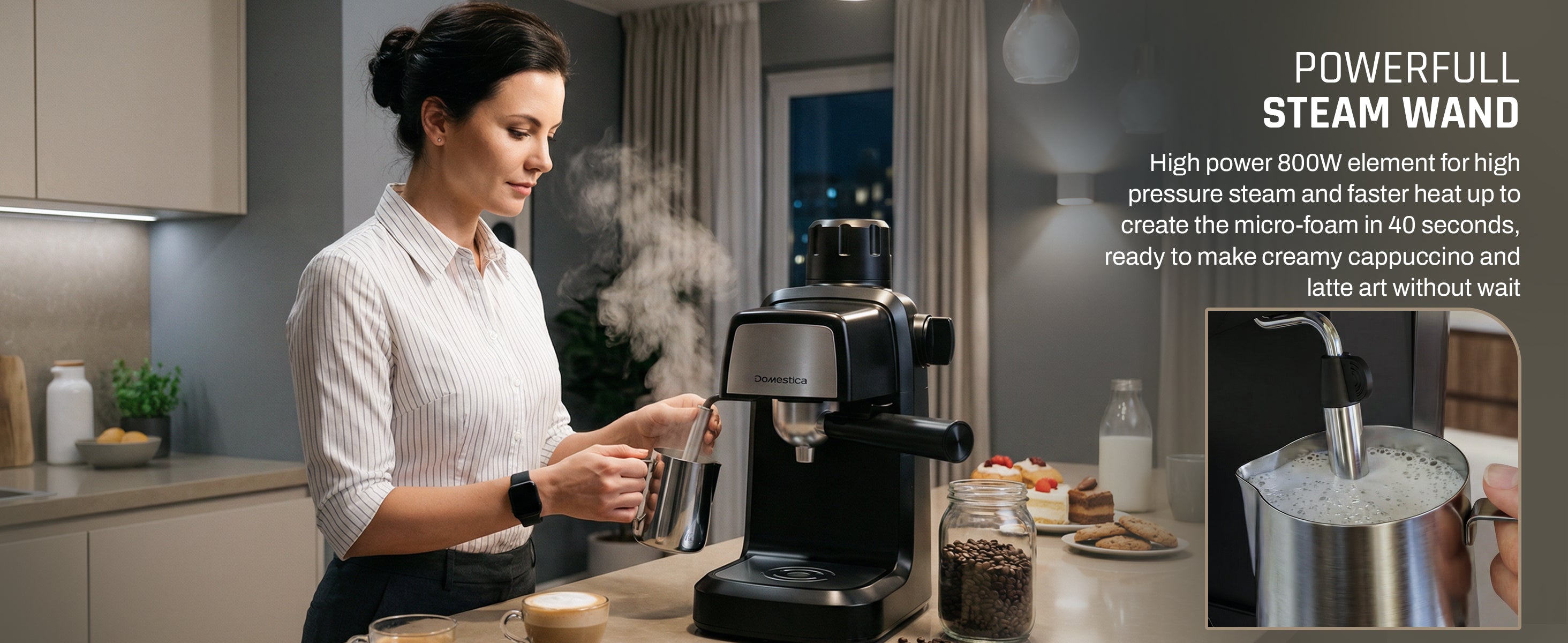 Domestica Brewcraft compact 3.5-bar espresso coffee maker machine for home kitchen