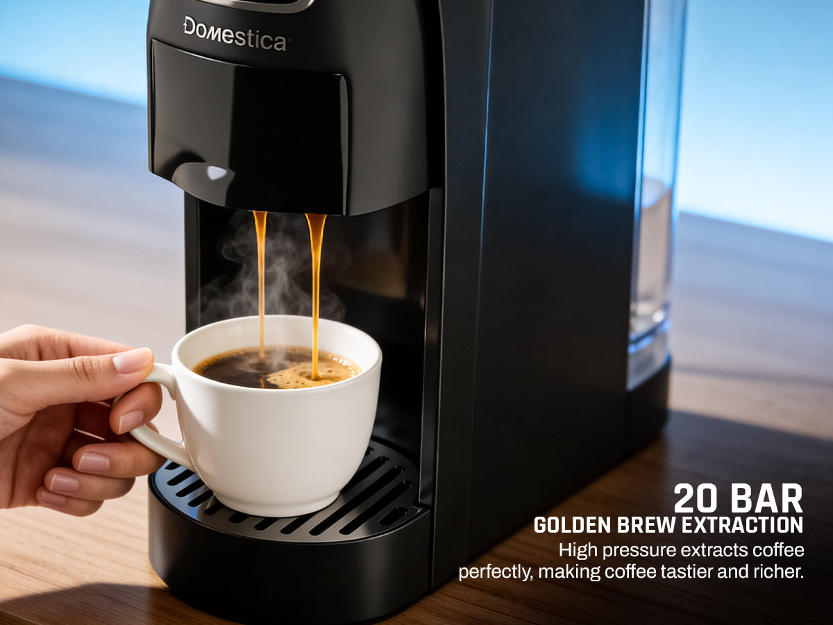Domestica Pod 3-in-1 espresso coffee machine with 20-bar pressure for pods and ground coffee
