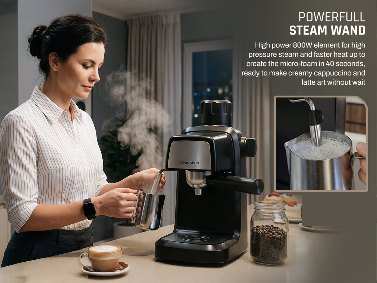 Domestica Brewcraft compact 3.5-bar espresso coffee maker machine for home kitchen