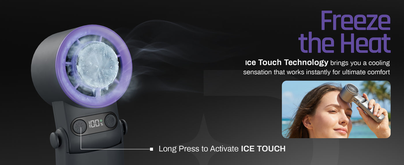 Domestica Flo handheld portable fan with IcyTouch cooling for personal use