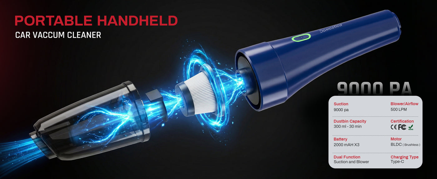 Domestica 4-in-1 cordless car vacuum cleaner with portable handheld rechargeable design
