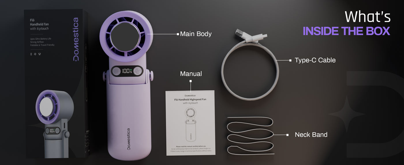 Domestica Flo handheld portable fan with IcyTouch cooling for personal use