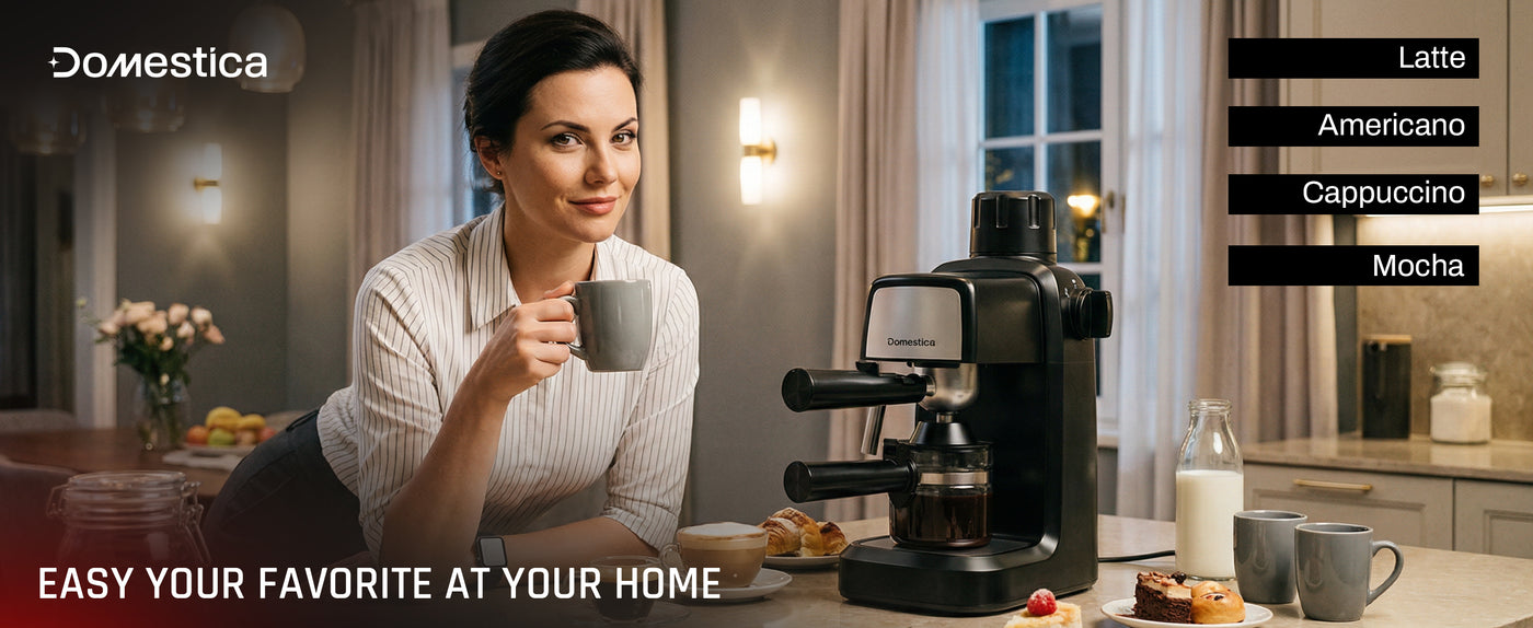 Domestica Brewcraft compact 3.5-bar espresso coffee maker machine for home kitchen