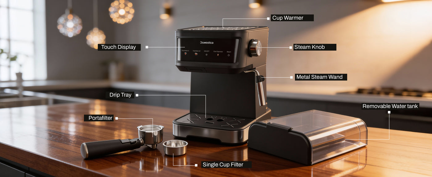 Domestica Brewcraft Pro espresso coffee maker machine with 20-bar pressure for home brewing