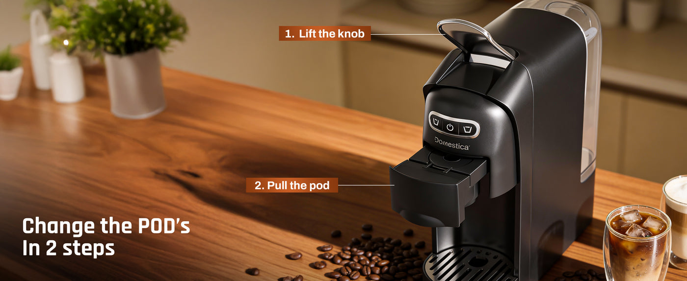 Domestica Pod 3-in-1 espresso coffee machine with 20-bar pressure for pods and ground coffee