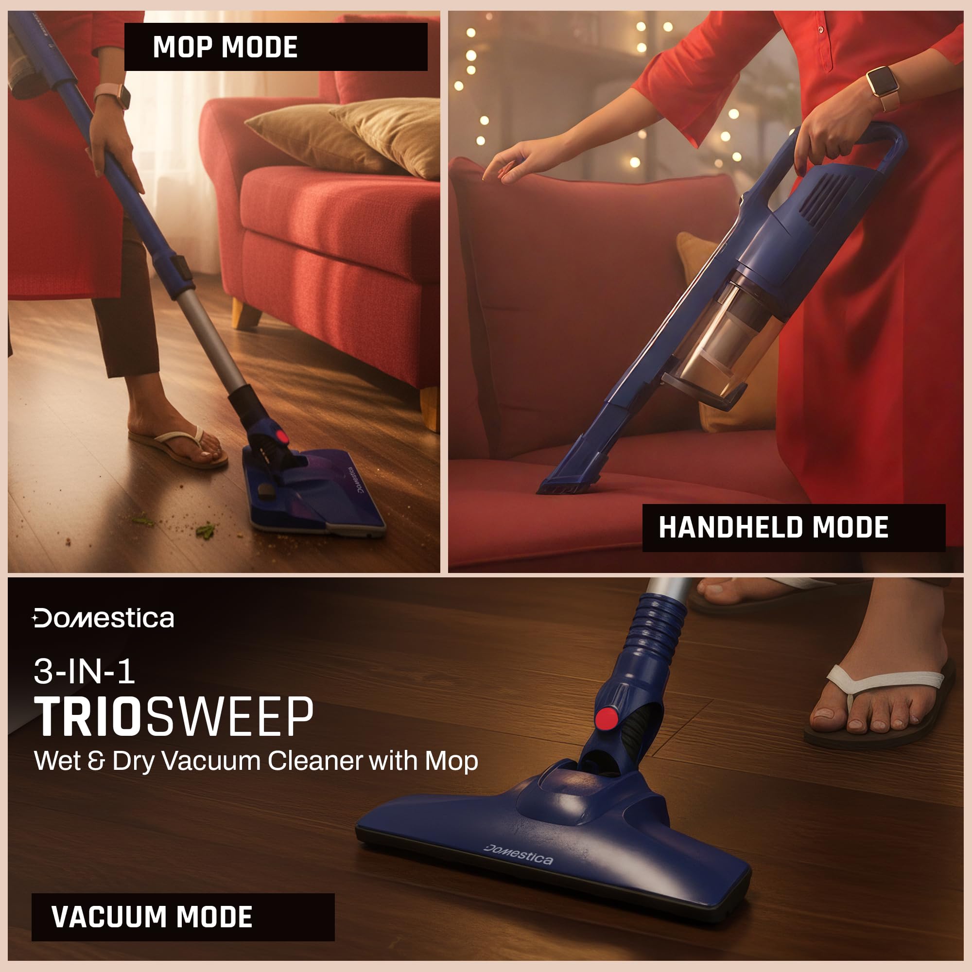 DOMESTICA Trio Sweep 3-in-1 Vacuum Cleaner for Home Use Wet and Dry