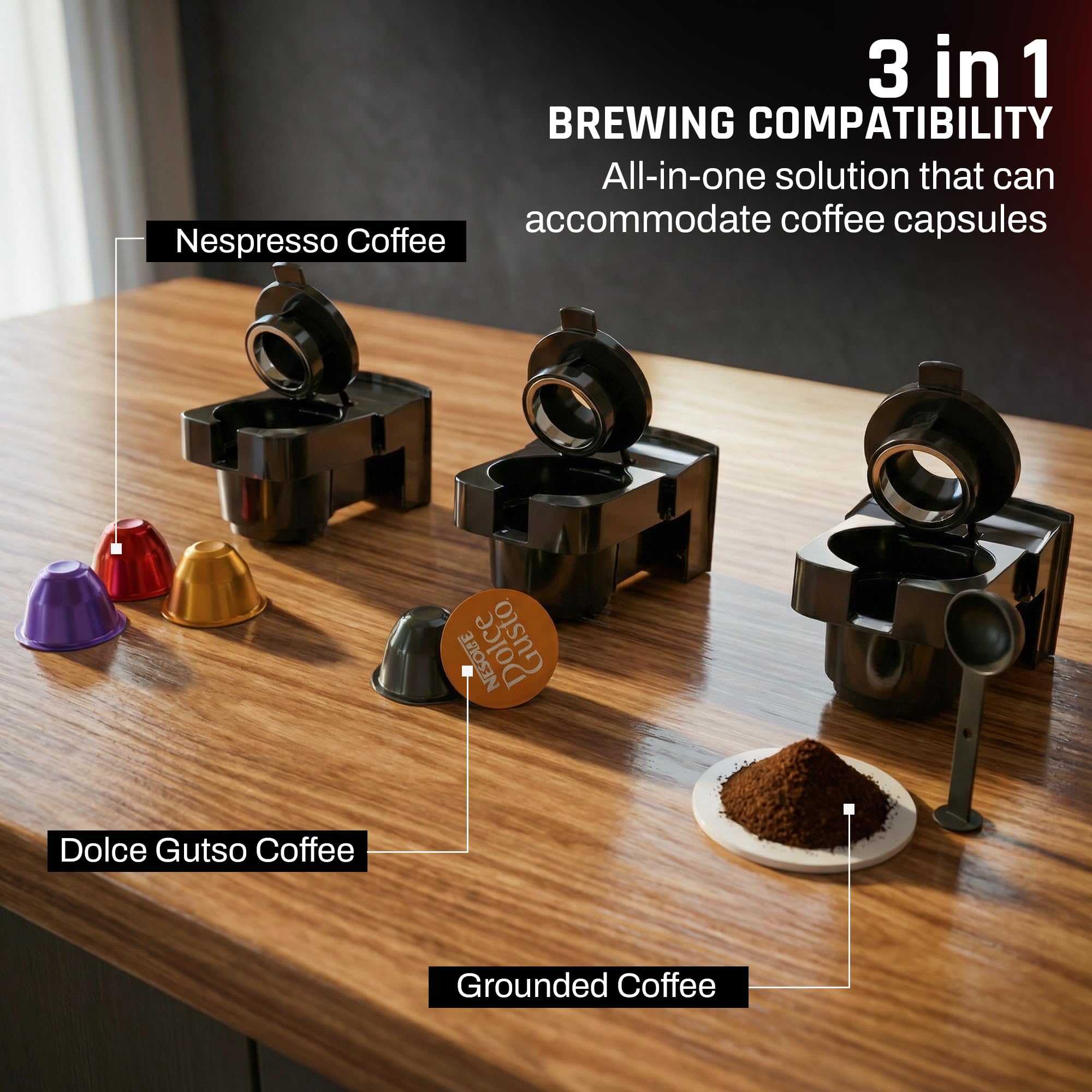 Domestica Brewcraft 3-in-1 Pod Espresso Coffee Maker works with Ground Coffee 20 Bar