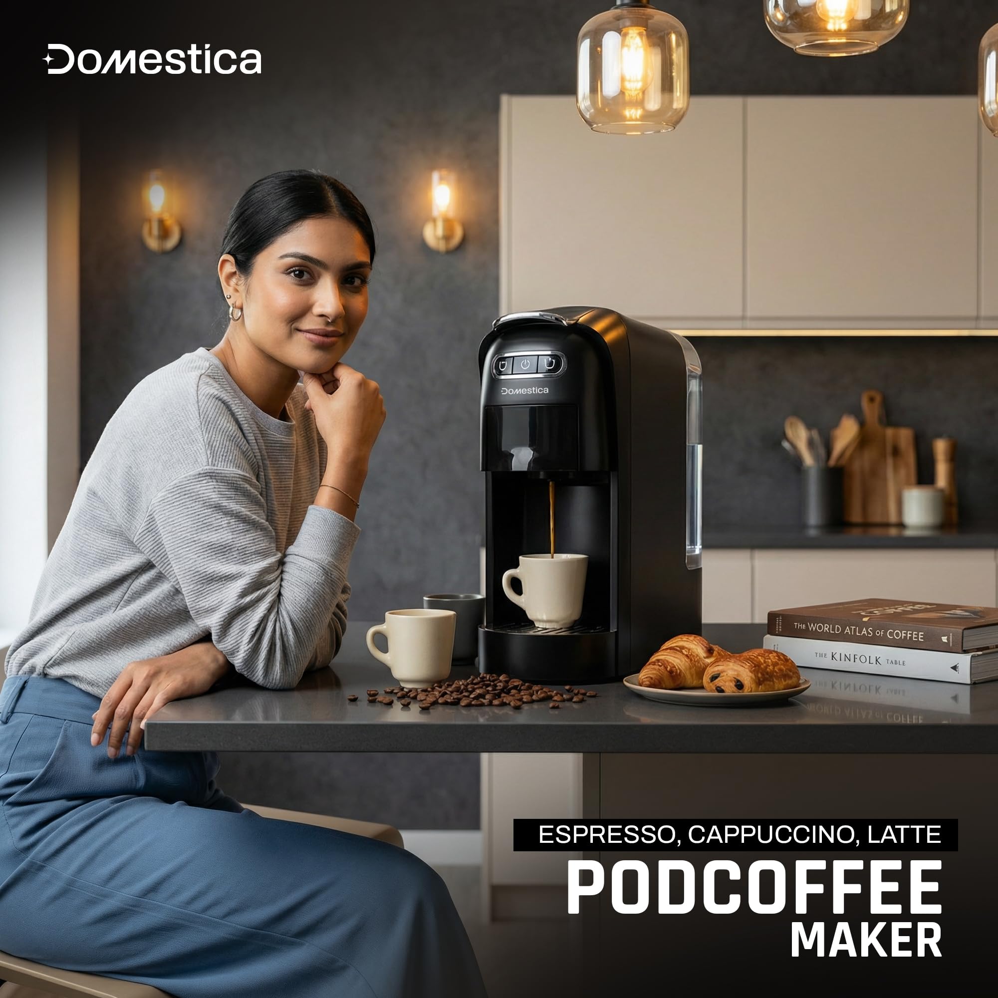 Domestica Brewcraft 3-in-1 Pod Espresso Coffee Maker works with Ground Coffee 20 Bar