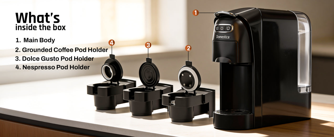 Domestica Pod 3-in-1 espresso coffee machine with 20-bar pressure for pods and ground coffee